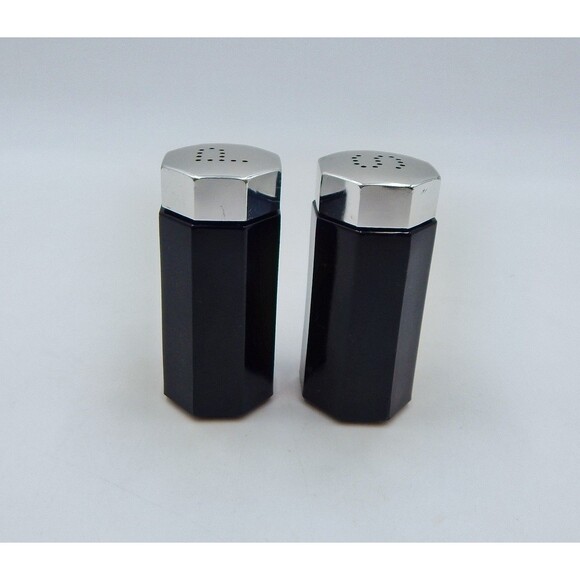 Arcoroc Octime Salt Pepper Shaker Set Black Glass France Geometric Octagon MCM - Picture 3 of 11